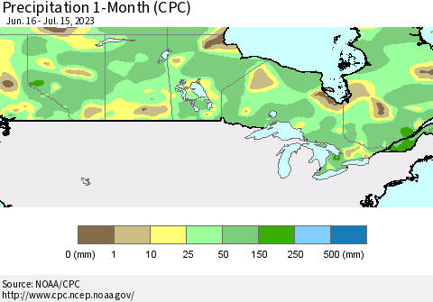 Canada Precipitation 1-Month (CPC) Thematic Map For 6/16/2023 - 7/15/2023