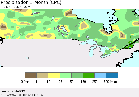 Canada Precipitation 1-Month (CPC) Thematic Map For 6/21/2023 - 7/20/2023