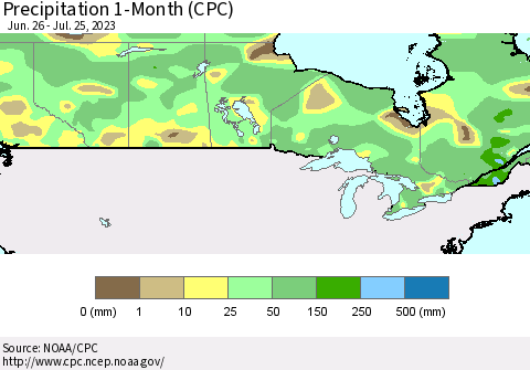 Canada Precipitation 1-Month (CPC) Thematic Map For 6/26/2023 - 7/25/2023
