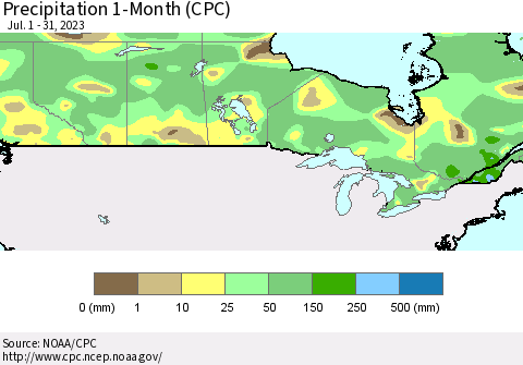 Canada Precipitation 1-Month (CPC) Thematic Map For 7/1/2023 - 7/31/2023