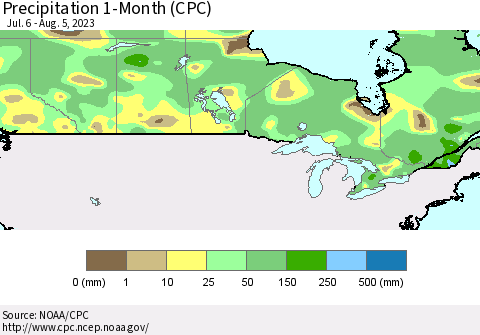 Canada Precipitation 1-Month (CPC) Thematic Map For 7/6/2023 - 8/5/2023