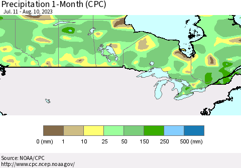 Canada Precipitation 1-Month (CPC) Thematic Map For 7/11/2023 - 8/10/2023