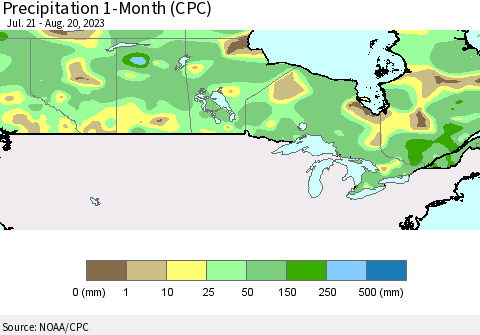 Canada Precipitation 1-Month (CPC) Thematic Map For 7/21/2023 - 8/20/2023
