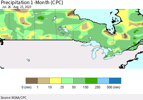Canada Precipitation 1-Month (CPC) Thematic Map For 7/26/2023 - 8/25/2023