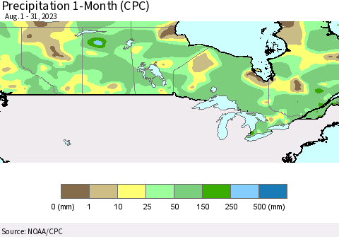 Canada Precipitation 1-Month (CPC) Thematic Map For 8/1/2023 - 8/31/2023