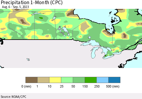 Canada Precipitation 1-Month (CPC) Thematic Map For 8/6/2023 - 9/5/2023