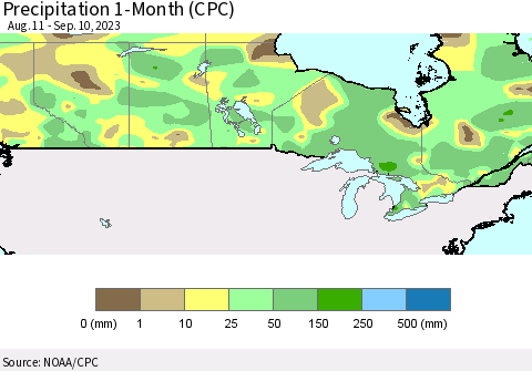 Canada Precipitation 1-Month (CPC) Thematic Map For 8/11/2023 - 9/10/2023