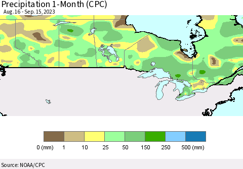 Canada Precipitation 1-Month (CPC) Thematic Map For 8/16/2023 - 9/15/2023