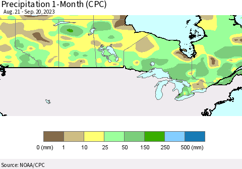 Canada Precipitation 1-Month (CPC) Thematic Map For 8/21/2023 - 9/20/2023