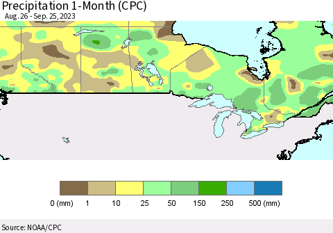 Canada Precipitation 1-Month (CPC) Thematic Map For 8/26/2023 - 9/25/2023