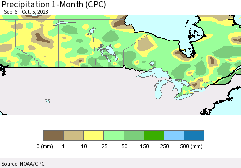 Canada Precipitation 1-Month (CPC) Thematic Map For 9/6/2023 - 10/5/2023