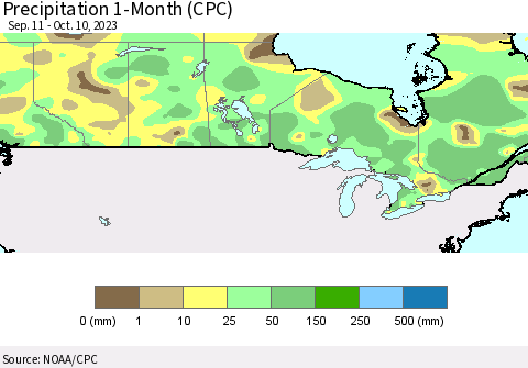 Canada Precipitation 1-Month (CPC) Thematic Map For 9/11/2023 - 10/10/2023