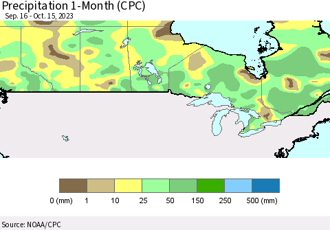 Canada Precipitation 1-Month (CPC) Thematic Map For 9/16/2023 - 10/15/2023