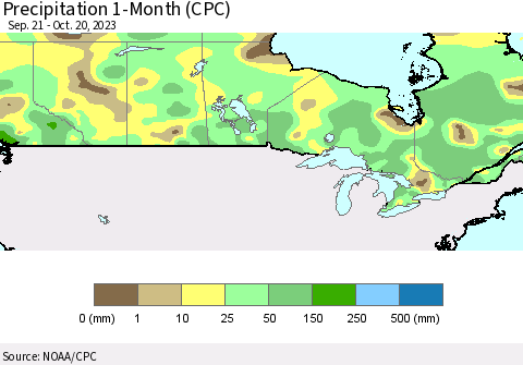 Canada Precipitation 1-Month (CPC) Thematic Map For 9/21/2023 - 10/20/2023
