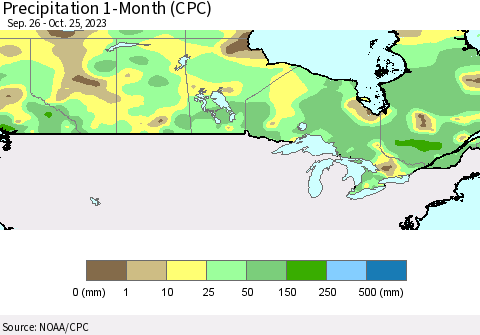 Canada Precipitation 1-Month (CPC) Thematic Map For 9/26/2023 - 10/25/2023