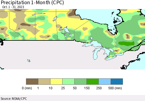 Canada Precipitation 1-Month (CPC) Thematic Map For 10/1/2023 - 10/31/2023
