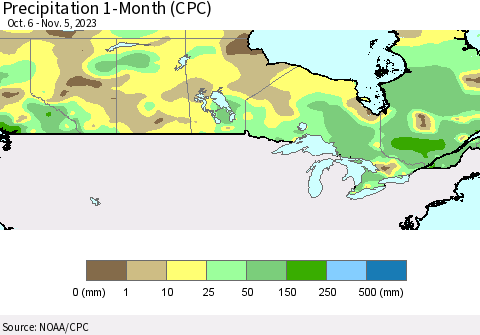 Canada Precipitation 1-Month (CPC) Thematic Map For 10/6/2023 - 11/5/2023