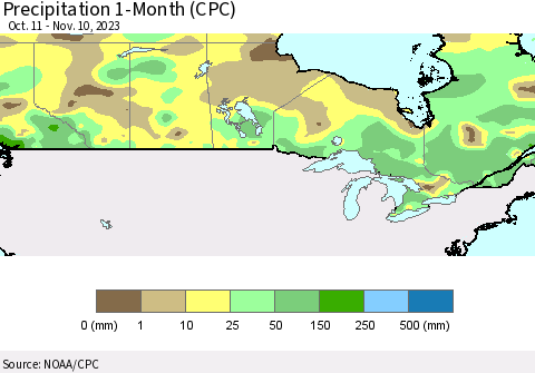 Canada Precipitation 1-Month (CPC) Thematic Map For 10/11/2023 - 11/10/2023