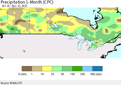 Canada Precipitation 1-Month (CPC) Thematic Map For 10/16/2023 - 11/15/2023