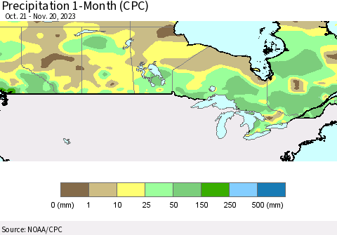 Canada Precipitation 1-Month (CPC) Thematic Map For 10/21/2023 - 11/20/2023