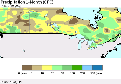 Canada Precipitation 1-Month (CPC) Thematic Map For 11/1/2023 - 11/30/2023