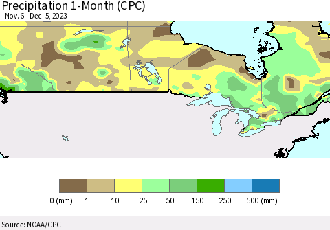 Canada Precipitation 1-Month (CPC) Thematic Map For 11/6/2023 - 12/5/2023