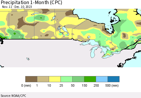 Canada Precipitation 1-Month (CPC) Thematic Map For 11/11/2023 - 12/10/2023