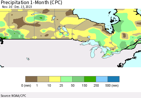 Canada Precipitation 1-Month (CPC) Thematic Map For 11/16/2023 - 12/15/2023