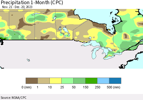 Canada Precipitation 1-Month (CPC) Thematic Map For 11/21/2023 - 12/20/2023