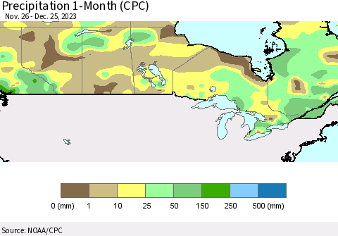 Canada Precipitation 1-Month (CPC) Thematic Map For 11/26/2023 - 12/25/2023