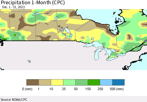 Canada Precipitation 1-Month (CPC) Thematic Map For 12/1/2023 - 12/31/2023