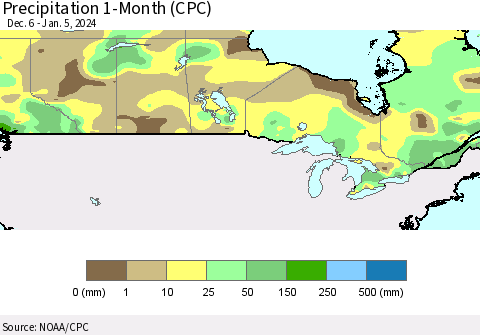 Canada Precipitation 1-Month (CPC) Thematic Map For 12/6/2023 - 1/5/2024