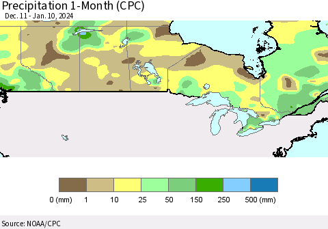 Canada Precipitation 1-Month (CPC) Thematic Map For 12/11/2023 - 1/10/2024