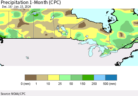 Canada Precipitation 1-Month (CPC) Thematic Map For 12/16/2023 - 1/15/2024