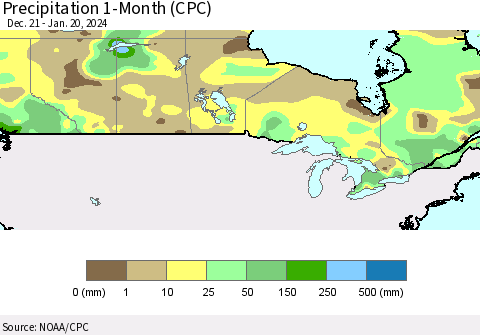 Canada Precipitation 1-Month (CPC) Thematic Map For 12/21/2023 - 1/20/2024