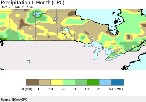 Canada Precipitation 1-Month (CPC) Thematic Map For 12/26/2023 - 1/25/2024