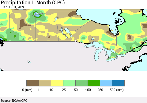 Canada Precipitation 1-Month (CPC) Thematic Map For 1/1/2024 - 1/31/2024