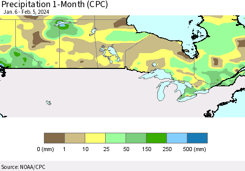 Canada Precipitation 1-Month (CPC) Thematic Map For 1/6/2024 - 2/5/2024