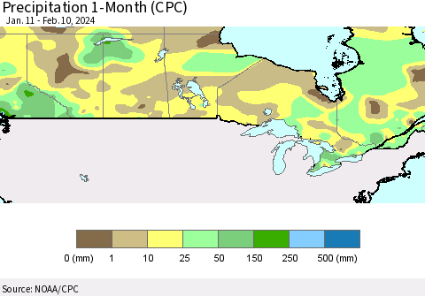 Canada Precipitation 1-Month (CPC) Thematic Map For 1/11/2024 - 2/10/2024