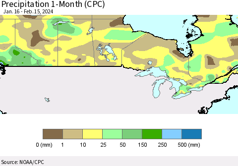 Canada Precipitation 1-Month (CPC) Thematic Map For 1/16/2024 - 2/15/2024