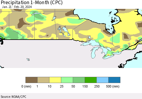 Canada Precipitation 1-Month (CPC) Thematic Map For 1/21/2024 - 2/20/2024