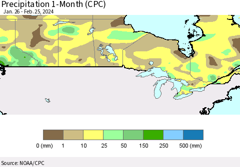 Canada Precipitation 1-Month (CPC) Thematic Map For 1/26/2024 - 2/25/2024