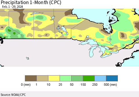Canada Precipitation 1-Month (CPC) Thematic Map For 2/1/2024 - 2/29/2024