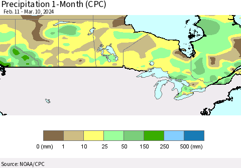 Canada Precipitation 1-Month (CPC) Thematic Map For 2/11/2024 - 3/10/2024