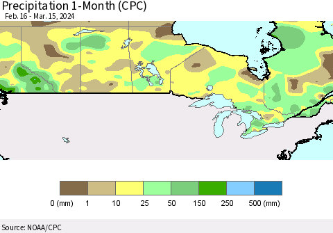 Canada Precipitation 1-Month (CPC) Thematic Map For 2/16/2024 - 3/15/2024