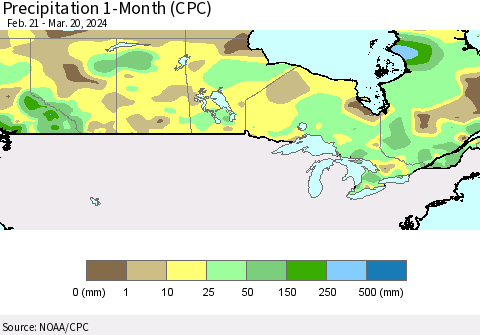 Canada Precipitation 1-Month (CPC) Thematic Map For 2/21/2024 - 3/20/2024