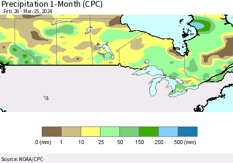 Canada Precipitation 1-Month (CPC) Thematic Map For 2/26/2024 - 3/25/2024