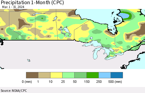 Canada Precipitation 1-Month (CPC) Thematic Map For 3/1/2024 - 3/31/2024