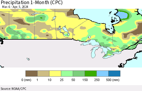 Canada Precipitation 1-Month (CPC) Thematic Map For 3/6/2024 - 4/5/2024