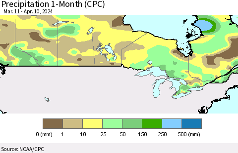 Canada Precipitation 1-Month (CPC) Thematic Map For 3/11/2024 - 4/10/2024